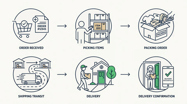 Infographic illustrating the delivery process from order received to delivery confirmation with line drawings