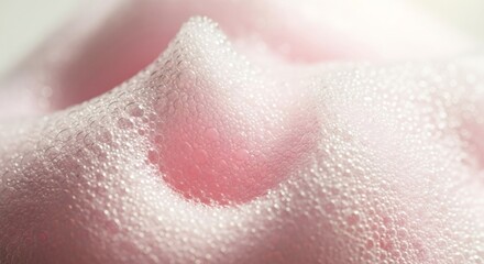 Fototapeta premium Pink cosmetic foam texture closeup. Soft skincare soap lather with bubbles. Korean beauty product concept for facial cleanser treatment. Gentle hygiene foam for healthy skin care routine.