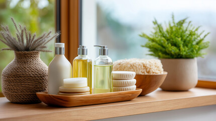 Eco-friendly bathroom products displayed on a wooden shelf near a window, sustainable personal care lifestyle, natural materials concept, defocused background, with copy space