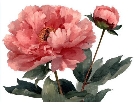 Piękna ilustracja koralowej piwonii w pełnym rozkwicie obok małego pąka. Klasyczna kompozycja botaniczna na czystym, białym tle.