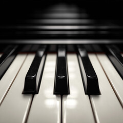 Artystyczne zbliżenie na klawisze pianina. Perspektywa zbieżna i płytka głębia ostrości podkreślają elegancję instrumentu w czerni i bieli.