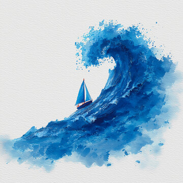 Artystyczna, niebieska grafika żagl&oacute;wki na tle potężnych, spienionych fal. Dynamiczne ujęcie oddaje majestat oceanu i ducha morskiej przygody.