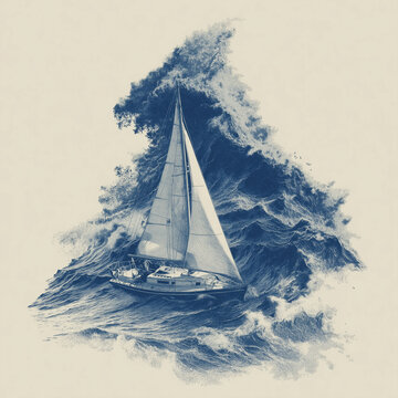 Artystyczna, niebieska grafika żagl&oacute;wki płynącej przez wzburzone fale. Dynamiczna kompozycja oddająca potęgę oceanu i ducha morskiej przygody.