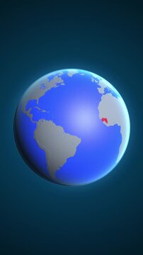 The animation shows a graphic representation of the earth and highlights the location and map of Guinea colored red in vertical format.