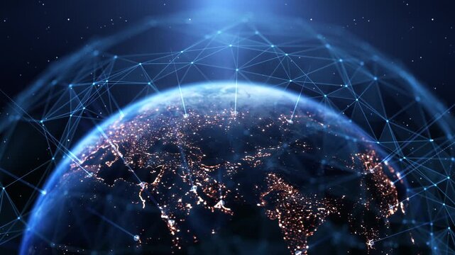 Global Connection Lines. Earth Network Data Transfer. Futuristic AI Technology, 5G, Globe Satellite Communication, Internet Connectivity, Big Data, Digital World Background Animation. Crypto Exchange