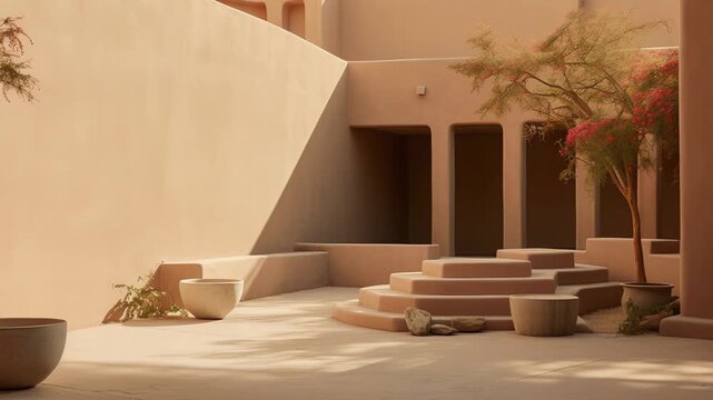 Sun drenched desert architecture, featuring minimalist clay toned walls, organic shapes, and a tranquil courtyard with steps and a blooming tree, creating a serene and spacious environment