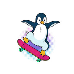 Fototapeta premium Cute Penguin Skateboarding Cartoon Illustration Fun Animal Character Design for Kids and Children s Animated Video Content