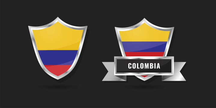 Glossy silver shield featuring the Republic of Colombia flag with a ribbon banner. High-quality vector art for South American national events, sports branding, and international themes.