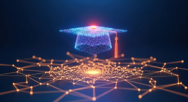 Floating graduation cap with glowing network connections, symbolizing education and innovation