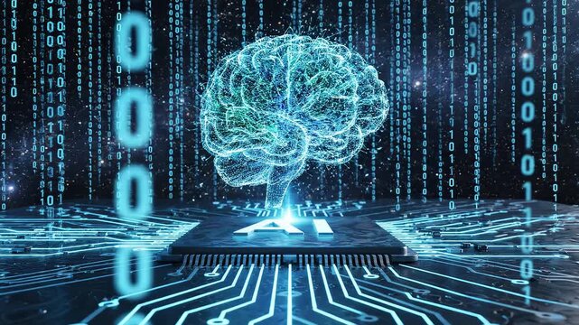 AI brain on circuit board with binary code