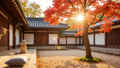 Fototapeta premium The courtyard of a traditional Korean house in a historic village in the sun