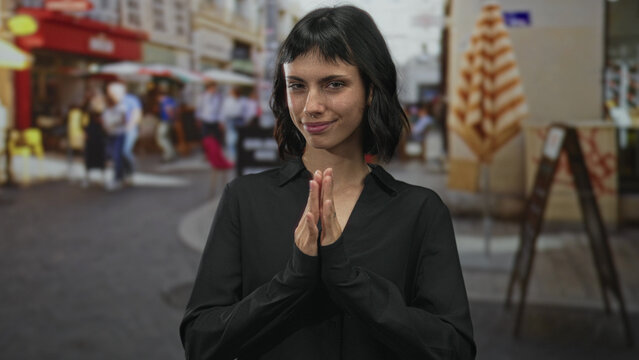 Young hispanic woman in a black blouse claps her hands and smiles on a bustling urban street; gratitude.