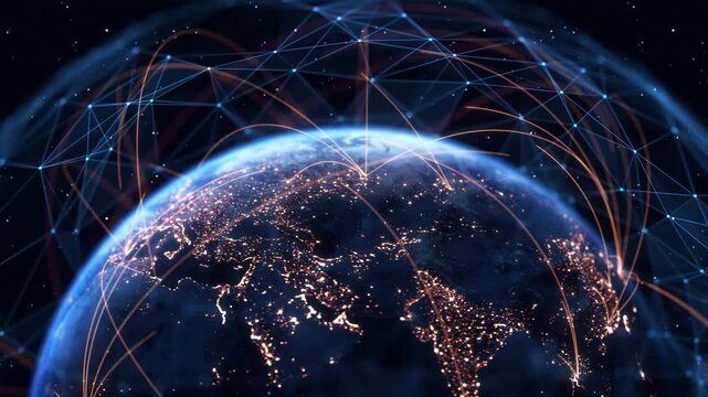 Global Connection Lines. Earth Network Data Transfer. Futuristic AI Technology, 5G, Globe Satellite Communication, Internet Connectivity, Big Data, Digital World Background Animation. Crypto Exchange