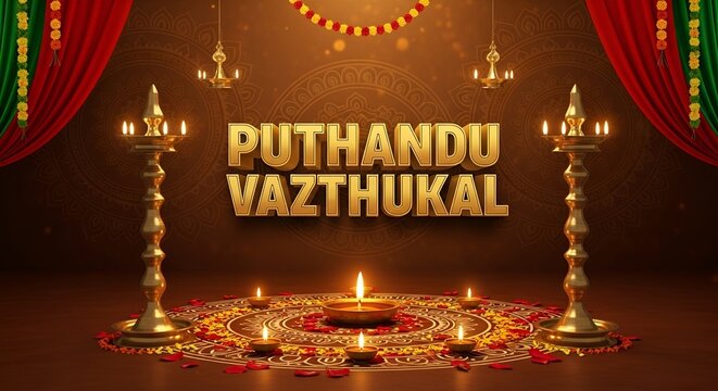 Festive celebration background featuring traditional lamps and decorations for Puthandu festival - puthandu, vazthukal, tamil puthandu vazhthukkal
