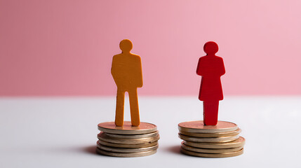 Conceptual image of gender pay gap showing male and female figures on unequal stacks of coins, against a striking pink background