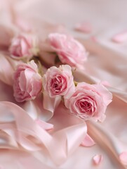 Fototapeta premium Flowers and Fabric Create a Soft Display of Pink Roses on a Light Background During the Day