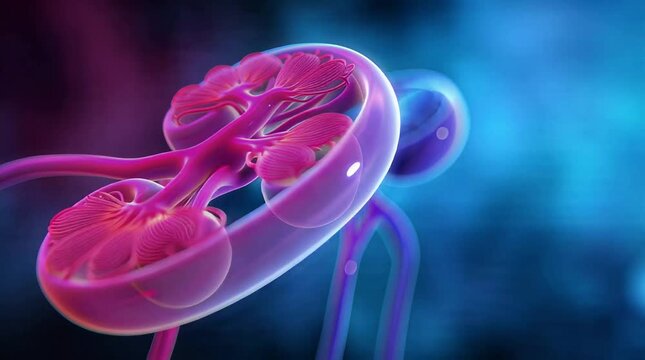 Vibrant 4K Video Rendition of Human Kidney Anatomy Highlighting Nephron Structures in Detail