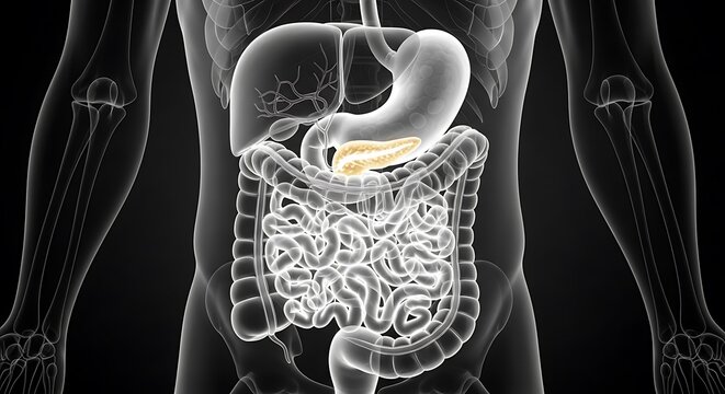 A highly detailed medical illustration of the human digestive system with organs