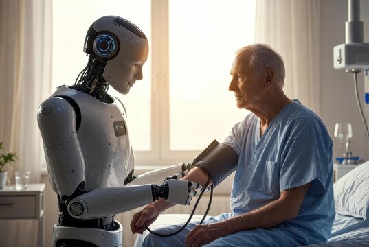 Healthcare robot, generative ai illustration showing a humanoid assistant measuring blood pressure of an elderly patient in a hospital room, gently placing cuff on the patient arm