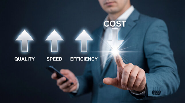 Business process optimization concept showing increasing quality, speed, and efficiency with cost reduction