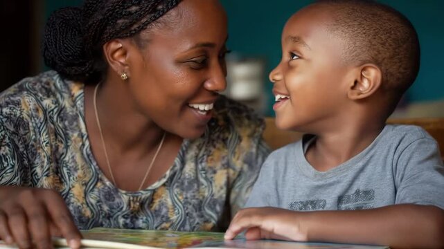 African mother and young son engaging in a learning activity, reading an educational book at home