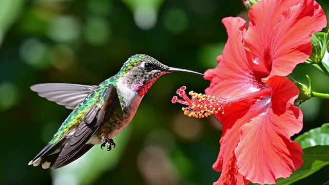 Hummingbird Nectars from a Vibrant Red Hibiscus Bloom