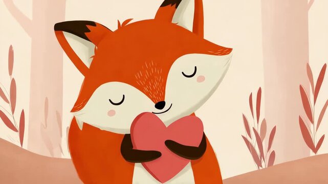 Happy fox character holding a pink heart, expressing love and friendship in the forest