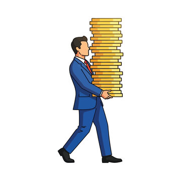 A businessman carrying a stack of gold bricks symbolizing wealth and success