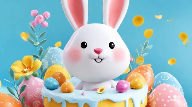 Adorable bunny head decorating a pastel blue cake with easter eggs and flowers on a light background