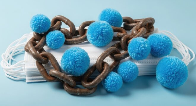 A brown chain with blue pom poms on a white background illustration