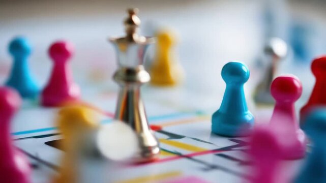 Colorful and metallic game pieces on a board representing planning and competition