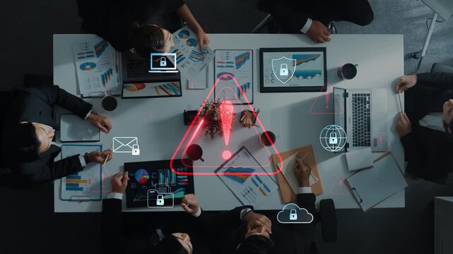 A team collaborates in an urban office, focusing on business reports while digital security icons highlight data protection issues in a modern workspace. Raster