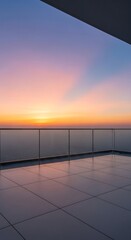 Fototapeta premium Modern balcony deck overlooking a vibrant sunset skyline