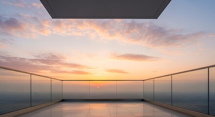 Fototapeta premium Modern luxury apartment balcony with panoramic sunset view