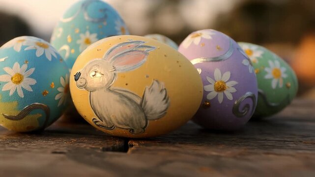 Colorful, hand-painted easter eggs with a cute bunny and daisy design resting on a wooden table