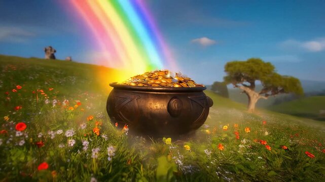 Mystical pot of gold sitting in a meadow filled with flowers at the end of a magical rainbow