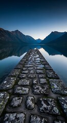 Fototapeta premium Stone pier extending into a calm mountain lake at twilight
