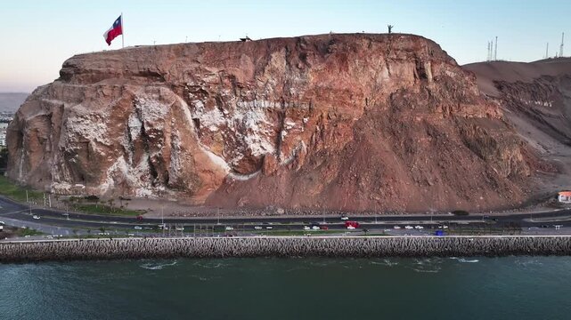 Aerial view of Morro de Arica. A historic hill linked to the history of Chile, located in the city of Arica, Chile