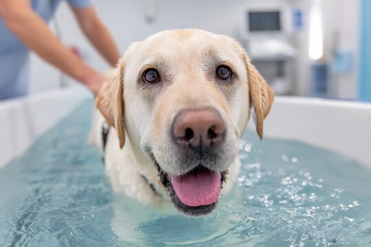 Labrador retriever dog undergoing hydrotherapy treatment in a veterinary clinic, water visible in the therapy tub, with a veterinary technician in the background