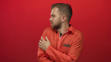 Obraz premium Man prisoner clutching his arms and bracing himself wearing an orange jumpsuit in a red studio; vulnerability.