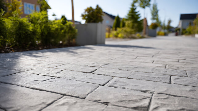 Low angle view of a modern gray stone patio path or driveway with textured paving blocks, surrounded by green shrubs and a blurred suburban background on a sunny day