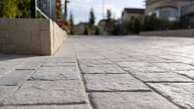 Textured outdoor paving stones close up with blurred background, durable patio surface material, natural light, architecture detail