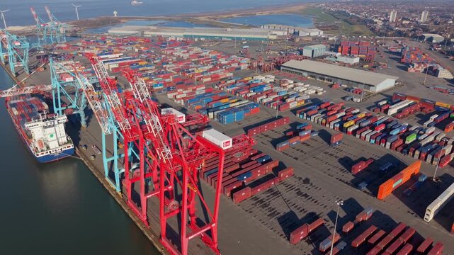 Aerial prespective of Seaforth Container Terminal, Port of Liverpool, UK. 