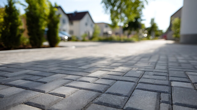 Close-up of Modern Outdoor Paving Stones in a Residential Area Driveway Under Bright Sunshine with Blurred Background Homes and Greenery