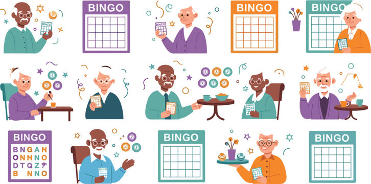 Senior people playing bingo game collection with elderly characters, cards, numbers and social activity scenes colorful vector illustration set