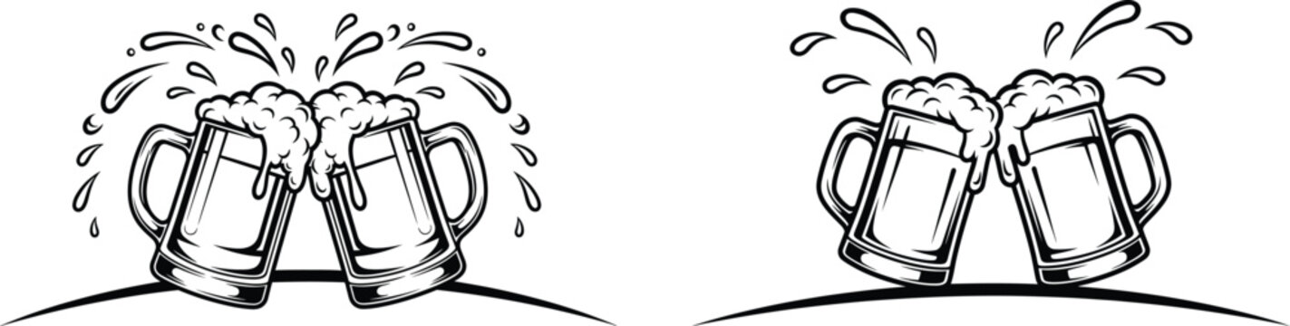 Hand drawn beer mugs with foam splashing and overflowing