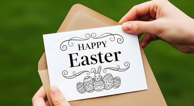 Hands holding a white card with Happy Easter text and decorated eggs greeting message