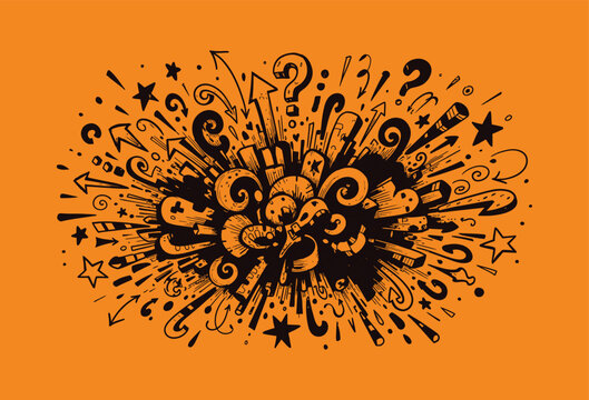 A vibrant and dynamic illustration of various symbols and shapes exploding in a creative burst.