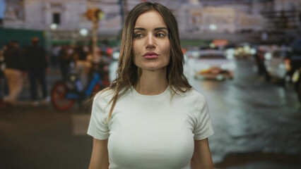 Fototapeta premium Woman holding hands to temples with a tense expression on a busy city street amid evening traffic, wearing white t shirt; stress isolation.