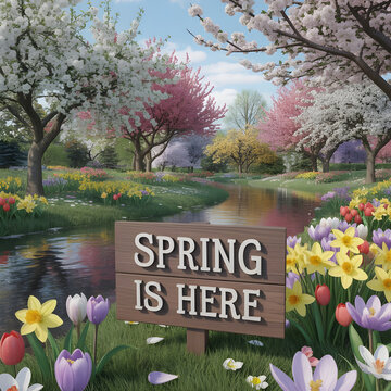 Spring is Here" Scenic Garden Path Illustration